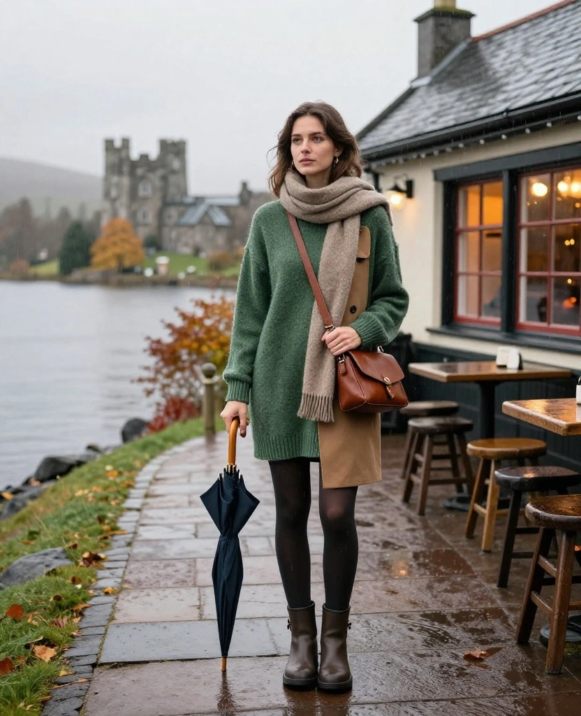 10 Killarney November Outfits That Go From Castle Sightseeing to Cozy Pub Evenings 38 What to Wear in Killarney in November 10 Killarney November Outfits That Go From Castle Sightseeing to Cozy Pub Evenings - 6. The Sweater Dress with a Practical Outer Layer 1