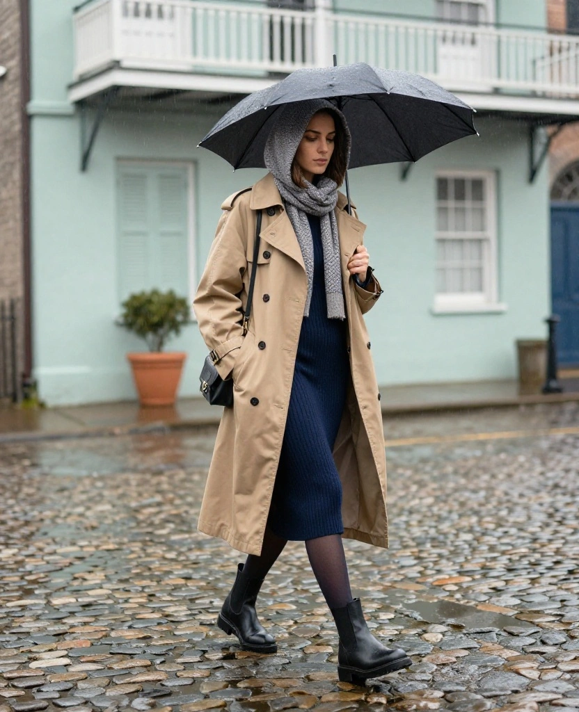 11 Charleston December Weather Outfits That’ll Keep You Dry Without Ruining Your Style 1 What to Wear in Charleston in December 11 Charleston December Weather Outfits That’ll Keep You Dry Without Ruining Your Style - 1. The Hooded Trench and Knit Dress Combo 1