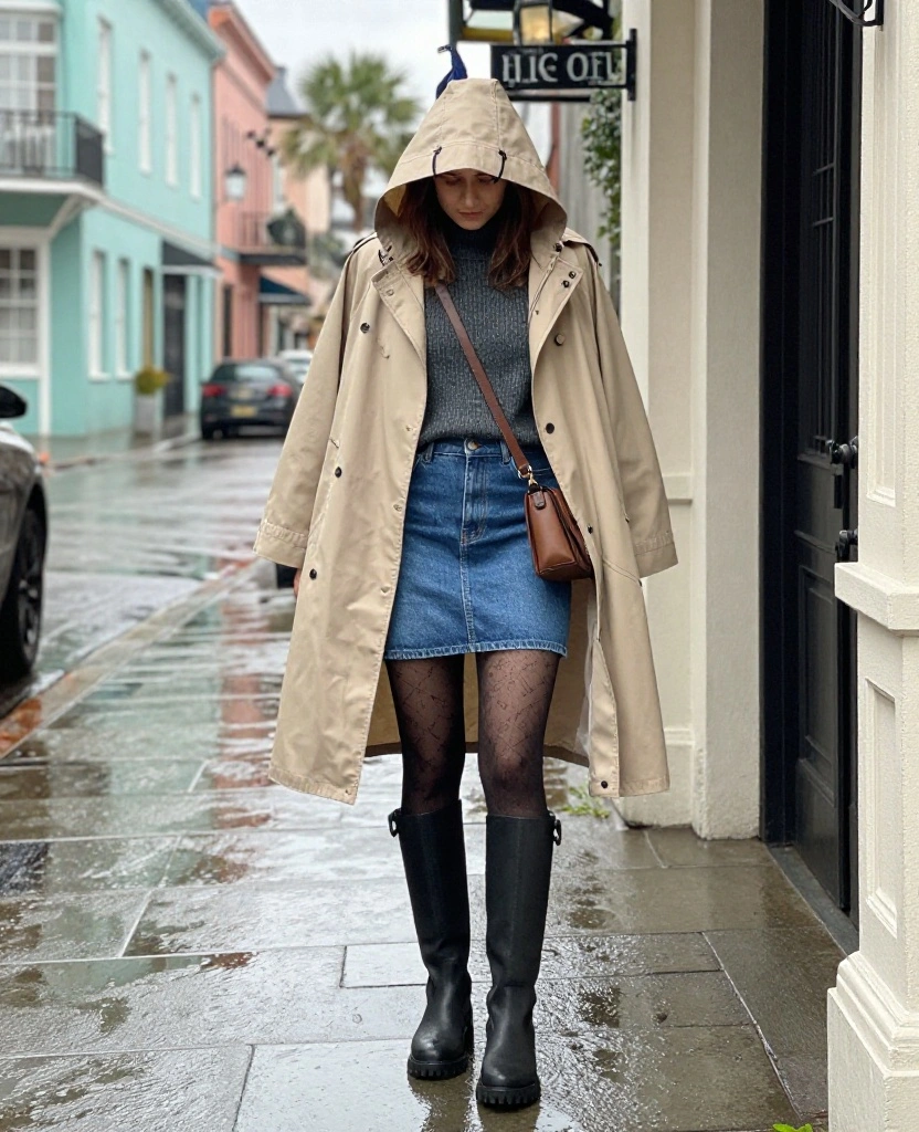11 Charleston December Weather Outfits That’ll Keep You Dry Without Ruining Your Style 66 What to Wear in Charleston in December 11 Charleston December Weather Outfits That’ll Keep You Dry Without Ruining Your Style - 10. A Lightweight Rain Cape Over a Sweater and Skirt 1