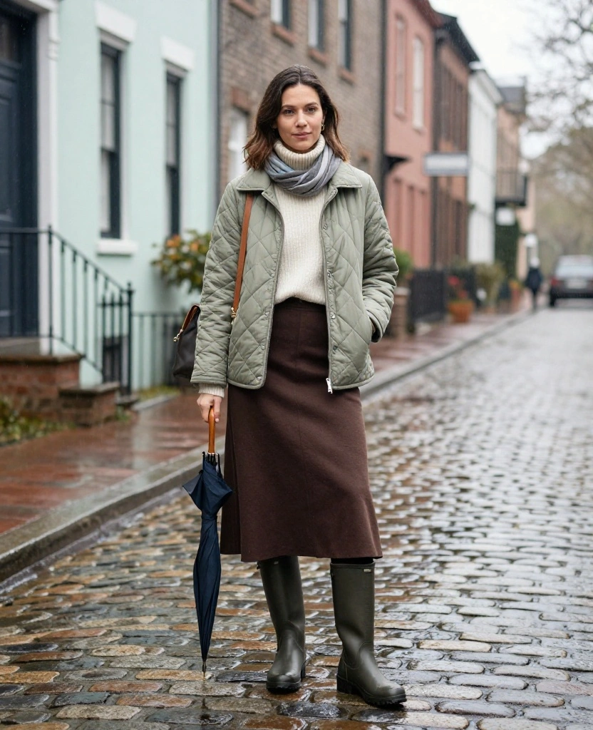 11 Charleston December Weather Outfits That’ll Keep You Dry Without Ruining Your Style 15 What to Wear in Charleston in December 11 Charleston December Weather Outfits That’ll Keep You Dry Without Ruining Your Style - 3. The Quilted Liner, Midi Skirt, and Rain Boot Look 1