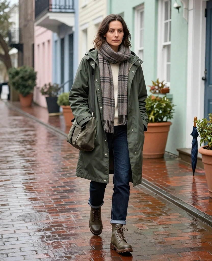11 Charleston December Weather Outfits That’ll Keep You Dry Without Ruining Your Style 29 What to Wear in Charleston in December 11 Charleston December Weather Outfits That’ll Keep You Dry Without Ruining Your Style - 5. The Soft Scarf, Anorak, and Dark Denim Formula 1