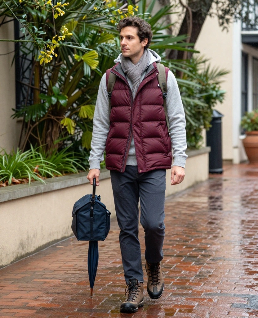11 Charleston December Weather Outfits That’ll Keep You Dry Without Ruining Your Style 43 What to Wear in Charleston in December 11 Charleston December Weather Outfits That’ll Keep You Dry Without Ruining Your Style - 7. A Packable Puffer Vest Beneath a Longer Rain Shell 1