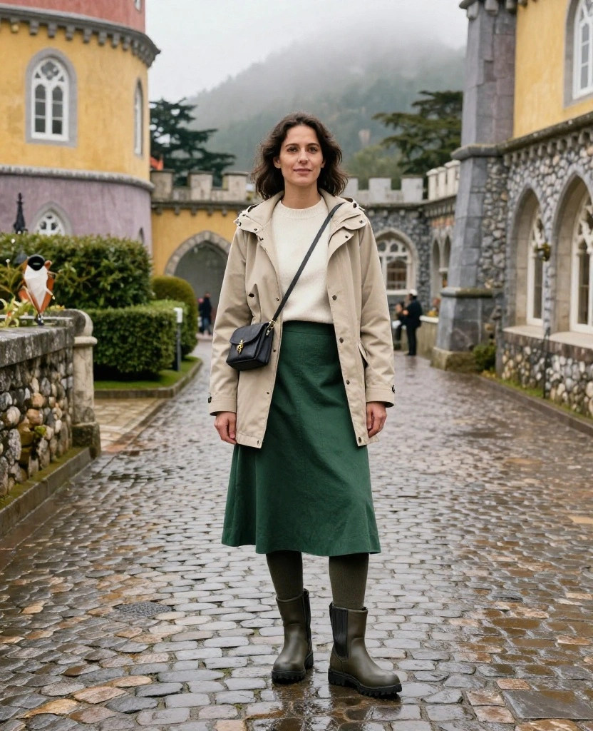 11 Genius Layering Ideas for Sintra in November (Perfect for Chilly Castle Walks!) 25 What to Wear in Sintra in November 11 Genius Layering Ideas for Sintra in November (Perfect for Chilly Castle Walks!) - 5. Pair a Midi Skirt with Warm Tights and Boots 1