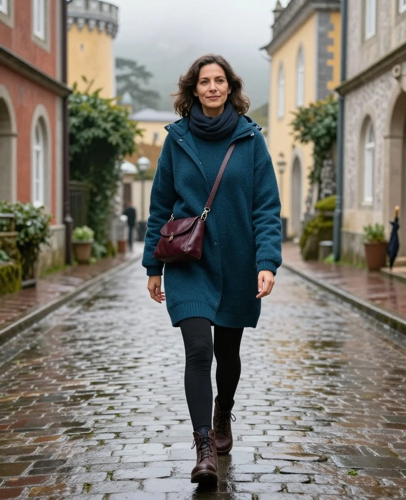 11 Genius Layering Ideas for Sintra in November (Perfect for Chilly Castle Walks!) 28 What to Wear in Sintra in November 11 Genius Layering Ideas for Sintra in November (Perfect for Chilly Castle Walks!) - 6. Layer a Sweater Dress Over Leggings 1