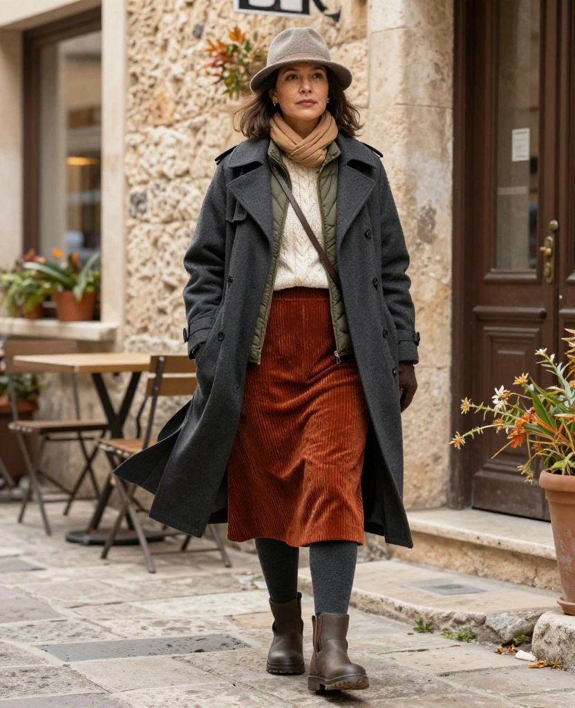 11 Mistral-Proof Outfit Ideas for Marseille in November That Keep the Chill Out 50 What to Wear in Marseille in November 11 Mistral-Proof Outfit Ideas for Marseille in November That Keep the Chill Out - 8. The Corduroy Skirt, Fleece Tights, and Long Coat Look 1