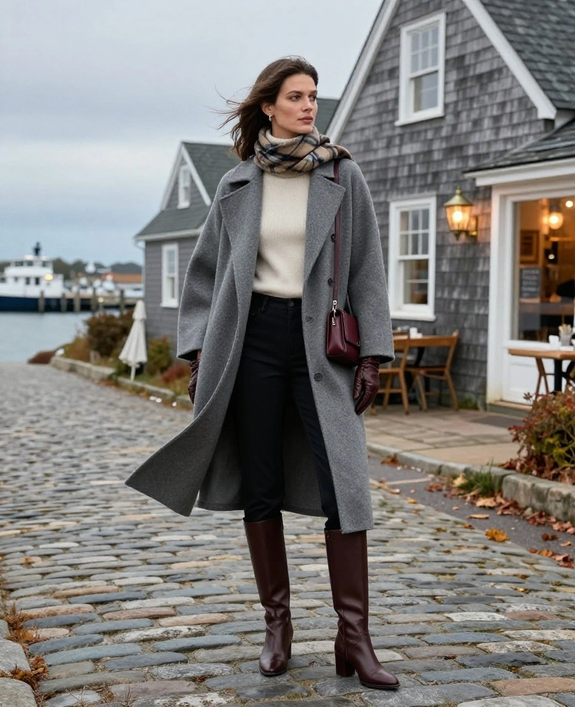 11 Nantucket Date Night Outfits to Wear in November When You Want Cozy but Seriously Chic 38 what to wear in Nantucket in November 11 Nantucket Date Night Outfits to Wear in November When You Want Cozy but Seriously Chic - 10. Soft Cape Coat with Slim Trousers and Tall Boots 1