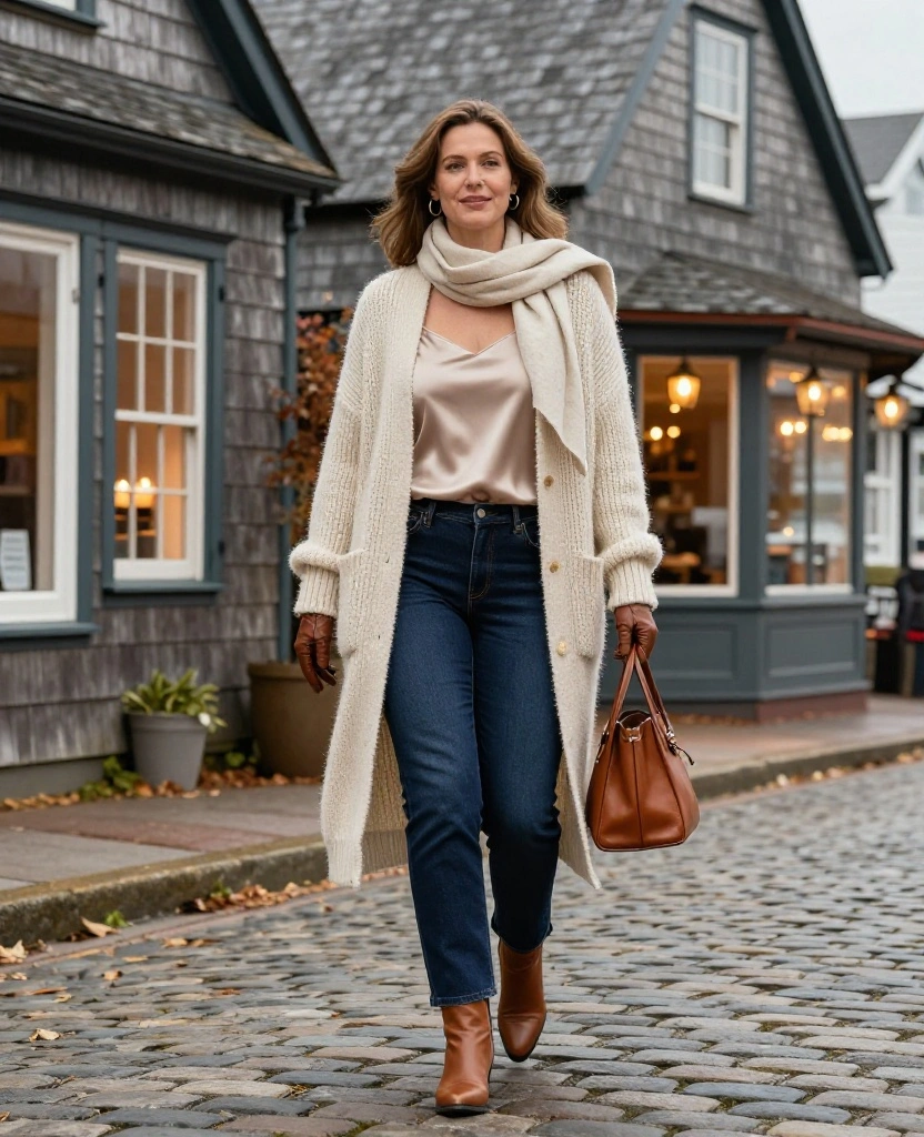 11 Nantucket Date Night Outfits to Wear in November When You Want Cozy but Seriously Chic 49 what to wear in Nantucket in November 11 Nantucket Date Night Outfits to Wear in November When You Want Cozy but Seriously Chic - 11. Cream Cardigan, Satin Blouse, and Dark Bootcut Jeans 1