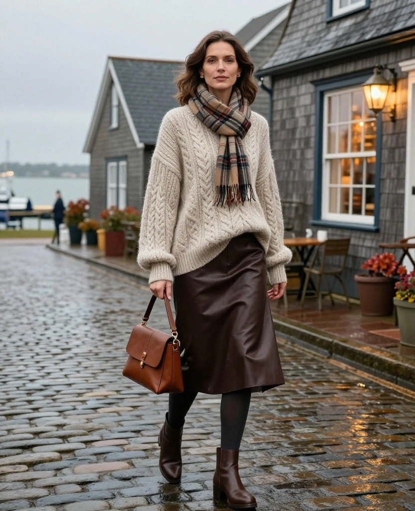 11 Nantucket Date Night Outfits to Wear in November When You Want Cozy but Seriously Chic 8 what to wear in Nantucket in November 11 Nantucket Date Night Outfits to Wear in November When You Want Cozy but Seriously Chic - 2. Fisherman Sweater with a Leather Midi Skirt 1