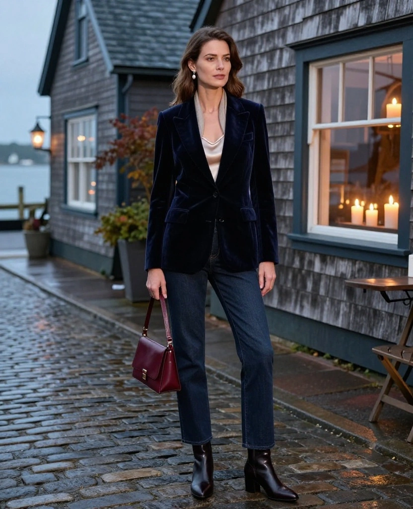 11 Nantucket Date Night Outfits to Wear in November When You Want Cozy but Seriously Chic 15 what to wear in Nantucket in November 11 Nantucket Date Night Outfits to Wear in November When You Want Cozy but Seriously Chic - 3. Velvet Blazer, Silk Camisole, and Dark Denim 1