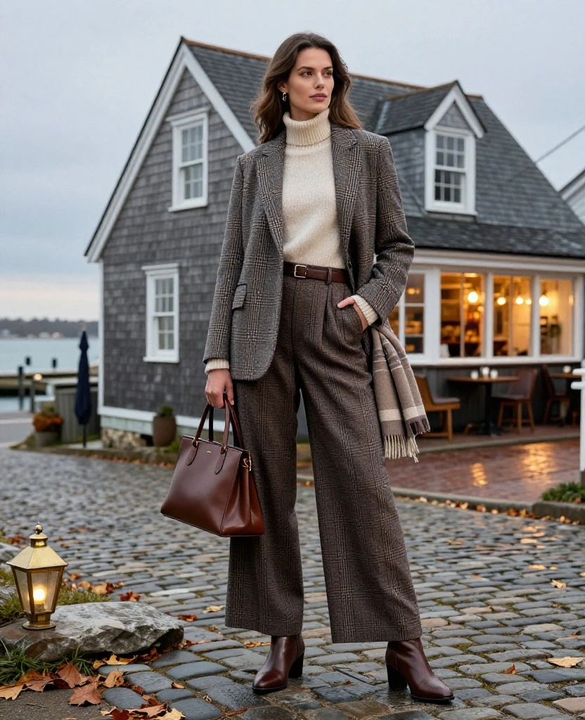 11 Nantucket Date Night Outfits to Wear in November When You Want Cozy but Seriously Chic 16 what to wear in Nantucket in November 11 Nantucket Date Night Outfits to Wear in November When You Want Cozy but Seriously Chic - 4. Plaid Blazer with Cashmere and Wide-Leg Trousers 1