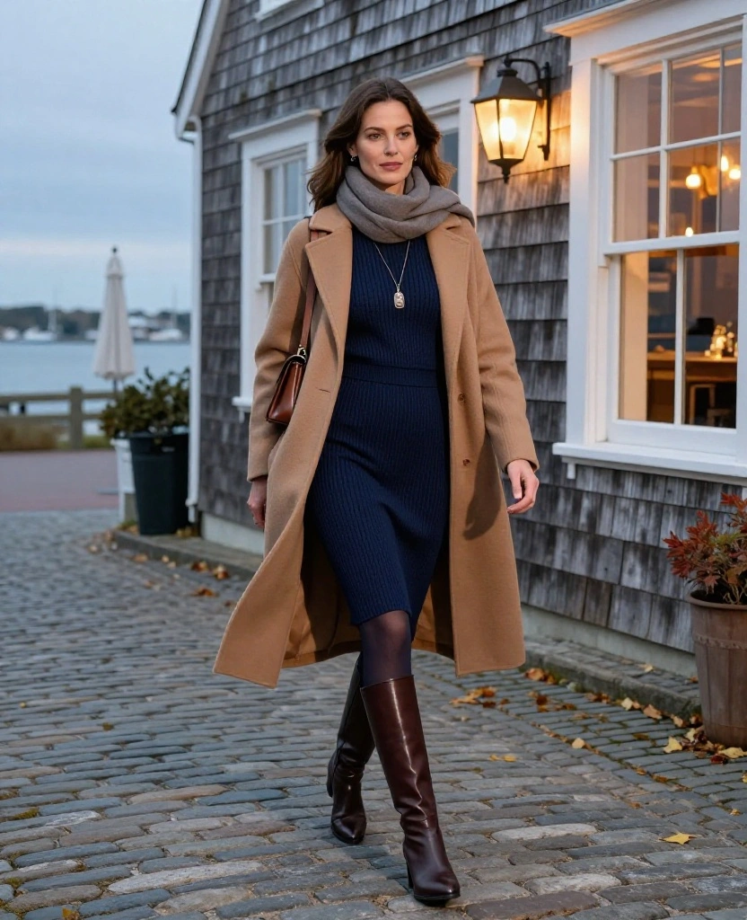 11 Nantucket Date Night Outfits to Wear in November When You Want Cozy but Seriously Chic 17 what to wear in Nantucket in November 11 Nantucket Date Night Outfits to Wear in November When You Want Cozy but Seriously Chic - 5. Navy Knit Dress with a Long Wool Coat 1