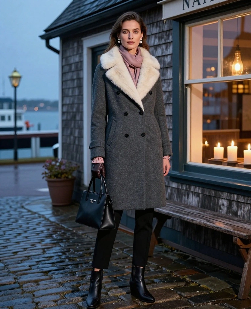 11 Nantucket Date Night Outfits to Wear in November When You Want Cozy but Seriously Chic 26 what to wear in Nantucket in November 11 Nantucket Date Night Outfits to Wear in November When You Want Cozy but Seriously Chic - 6. Faux-Fur Collar Coat with a Silk Blouse and Trousers 1