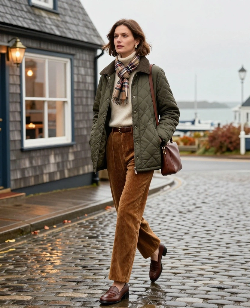 11 Nantucket Date Night Outfits to Wear in November When You Want Cozy but Seriously Chic 33 what to wear in Nantucket in November 11 Nantucket Date Night Outfits to Wear in November When You Want Cozy but Seriously Chic - 7. Quilted Jacket, Corduroy Pants, and Heeled Loafers 1