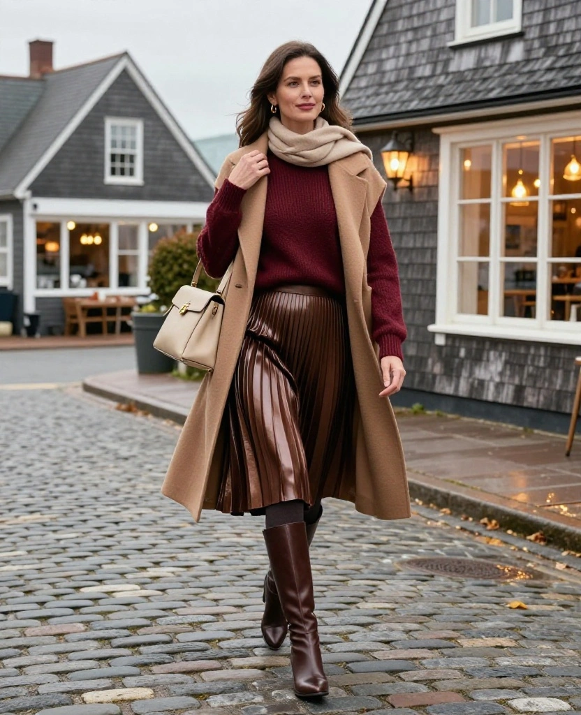 11 Nantucket Date Night Outfits to Wear in November When You Want Cozy but Seriously Chic 34 what to wear in Nantucket in November 11 Nantucket Date Night Outfits to Wear in November When You Want Cozy but Seriously Chic - 8. Burgundy Sweater with a Pleated Midi Skirt 1