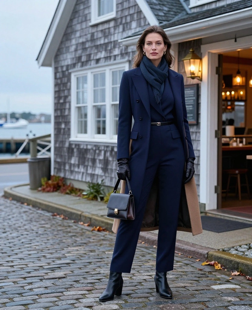 11 Nantucket Date Night Outfits to Wear in November When You Want Cozy but Seriously Chic 35 what to wear in Nantucket in November 11 Nantucket Date Night Outfits to Wear in November When You Want Cozy but Seriously Chic - 9. Tailored Peacoat with a Jumpsuit and Ankle Boots 1
