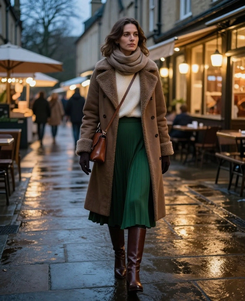 11 Oxford Evening Outfits for November That Keep You Warm Without Sacrificing Your Date-Night Style 25 What to Wear in Oxford in November 11 Oxford Evening Outfits for November That Keep You Warm Without Sacrificing Your Date-Night Style - 5. A Pleated Skirt, Warm Tights, and a Shearling-Trimmed Coat 1