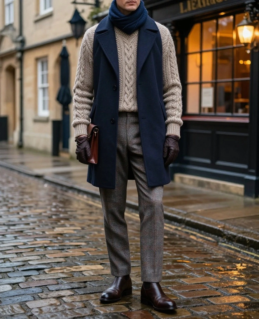 11 Oxford Evening Outfits for November That Keep You Warm Without Sacrificing Your Date-Night Style 29 What to Wear in Oxford in November 11 Oxford Evening Outfits for November That Keep You Warm Without Sacrificing Your Date-Night Style - 7. Checked Trousers with a Cable-Knit Sweater 1