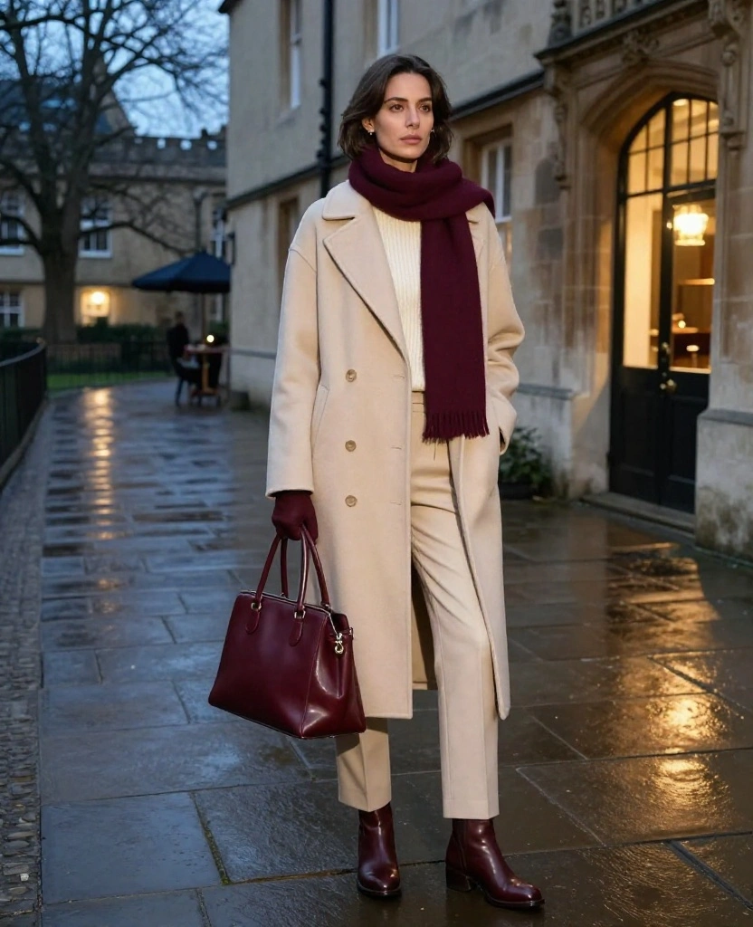 11 Oxford Evening Outfits for November That Keep You Warm Without Sacrificing Your Date-Night Style 40 What to Wear in Oxford in November 11 Oxford Evening Outfits for November That Keep You Warm Without Sacrificing Your Date-Night Style - 8. A Soft Monochrome Look with One Burgundy Accent 1