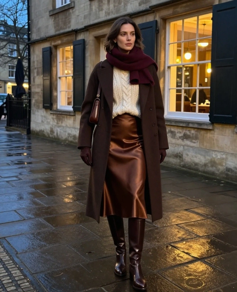 11 Oxford Evening Outfits for November That Keep You Warm Without Sacrificing Your Date-Night Style 43 What to Wear in Oxford in November 11 Oxford Evening Outfits for November That Keep You Warm Without Sacrificing Your Date-Night Style - 9. The Satin Skirt Made Winter-Ready with a Chunky Knit 1