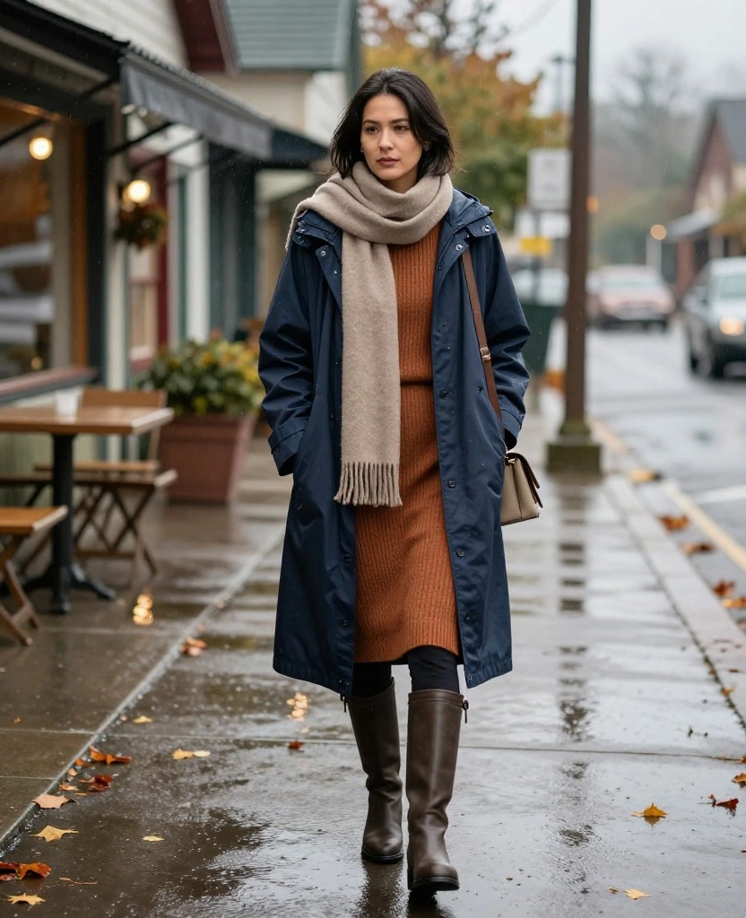 11 Rain-Ready Outfit Ideas for What to Wear in Sonoma in November Without Sacrificing Your Style 14 what to wear in Sonoma in November 11 Rain-Ready Outfit Ideas for What to Wear in Sonoma in November Without Sacrificing Your Style - 4. A Sweater Dress with a Long Raincoat and Waterproof Knee Boots 1