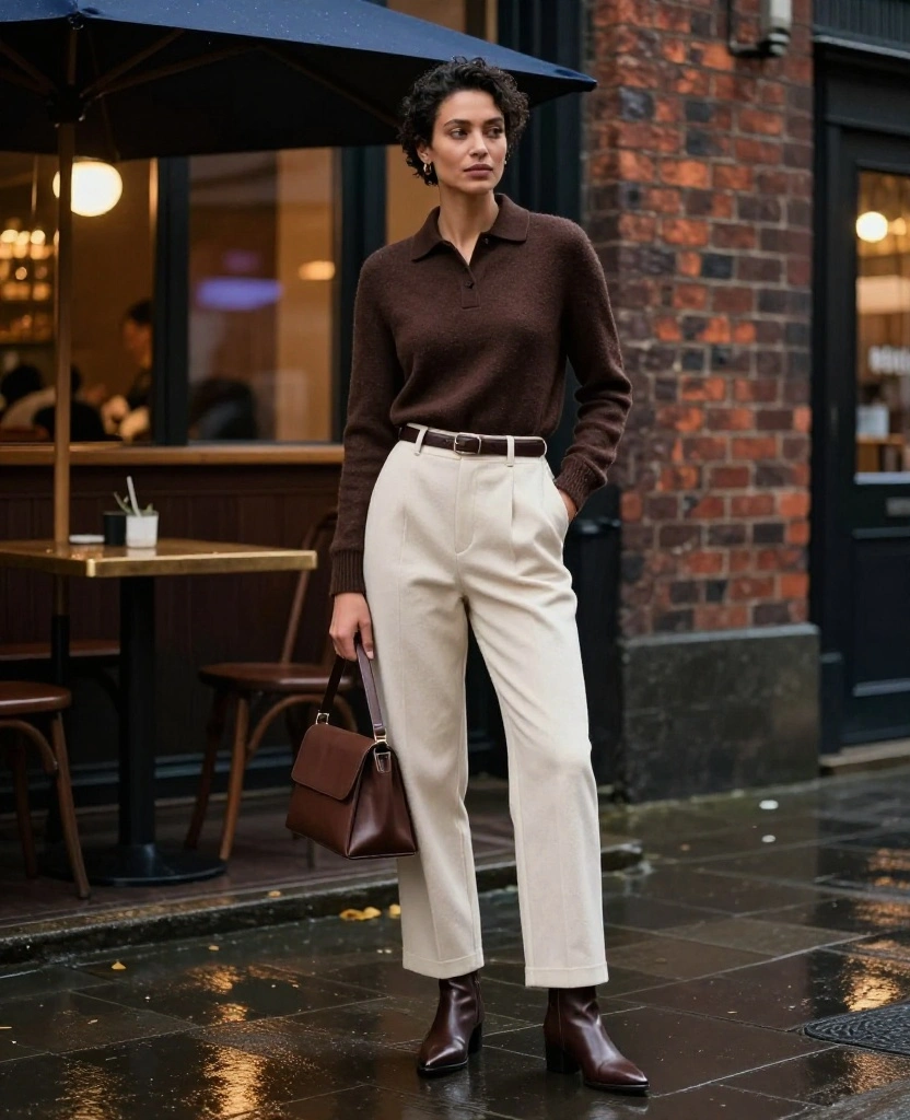 12 Liverpool Nightlife Outfits for November That Look Sharp and Keep You Warm (No Bulky Layers!) 12 What to wear in Liverpool in November 12 Liverpool Nightlife Outfits for November That Look Sharp and Keep You Warm (No Bulky Layers!) - 2. The Fine-Knit Polo and Wide-Leg Trousers 1
