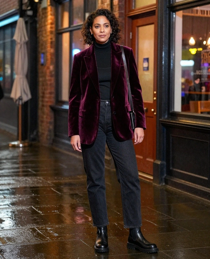 12 Liverpool Nightlife Outfits for November That Look Sharp and Keep You Warm (No Bulky Layers!) 30 What to wear in Liverpool in November 12 Liverpool Nightlife Outfits for November That Look Sharp and Keep You Warm (No Bulky Layers!) - 4. The Velvet Blazer with Dark Denim 1