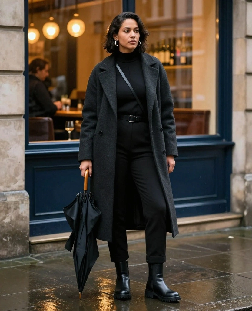 12 Liverpool Nightlife Outfits for November That Look Sharp and Keep You Warm (No Bulky Layers!) 31 What to wear in Liverpool in November 12 Liverpool Nightlife Outfits for November That Look Sharp and Keep You Warm (No Bulky Layers!) - 5. The Monochrome Jumpsuit and Longline Coat 1