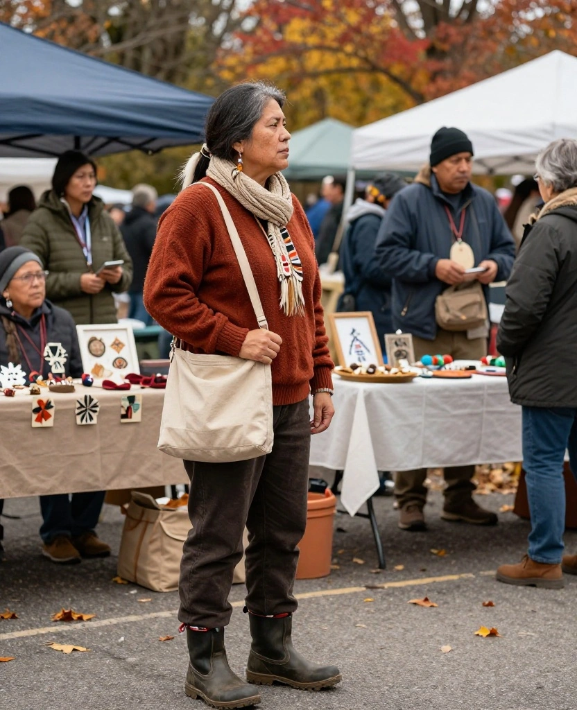 12 Native American Heritage Month Outfits for November Cultural Events: Thoughtful, Comfortable, and Weather-Ready! 75 What to Wear to November Cultural Festivals in the USA 12 Native American Heritage Month Outfits for November Cultural Events: Thoughtful, Comfortable, and Weather-Ready! - 11. A Practical Sweater-and-Tote Outfit for Artisan Markets 1