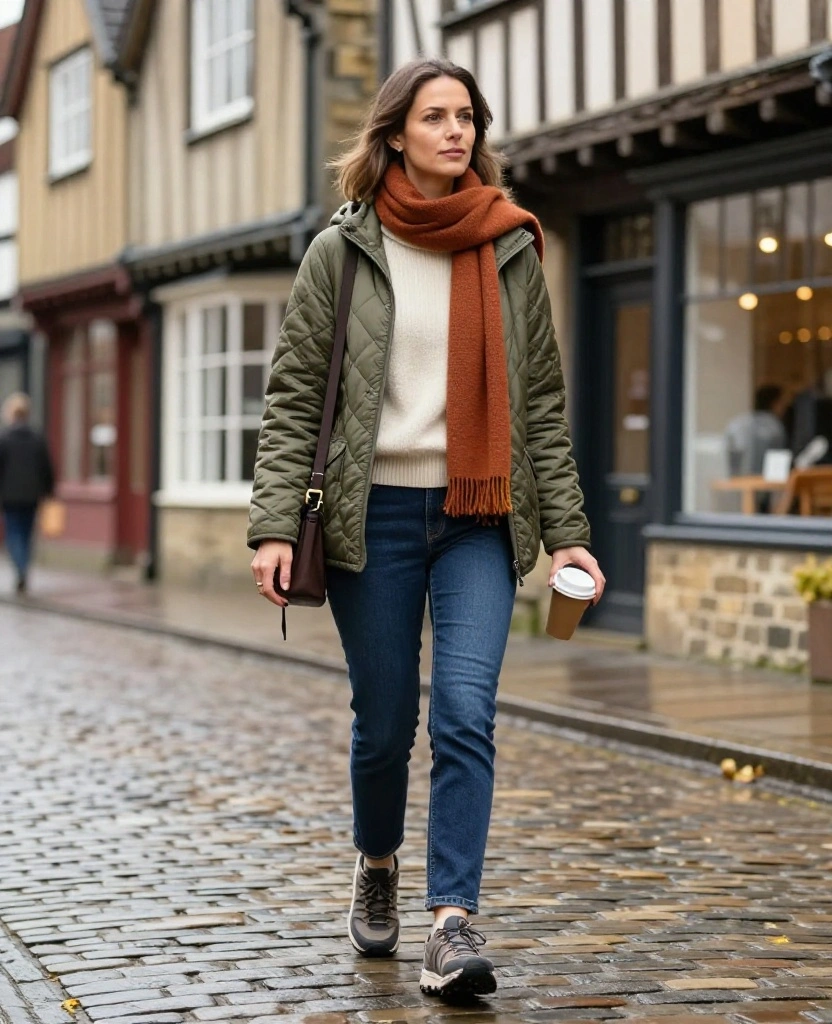 12 York City Break Outfits That Are Cute Enough for Photos and Comfy Enough for Exploring 8 What to Wear in York in November 12 York City Break Outfits That Are Cute Enough for Photos and Comfy Enough for Exploring - 2. Quilted Jacket, Straight Jeans and a Bright Scarf 1