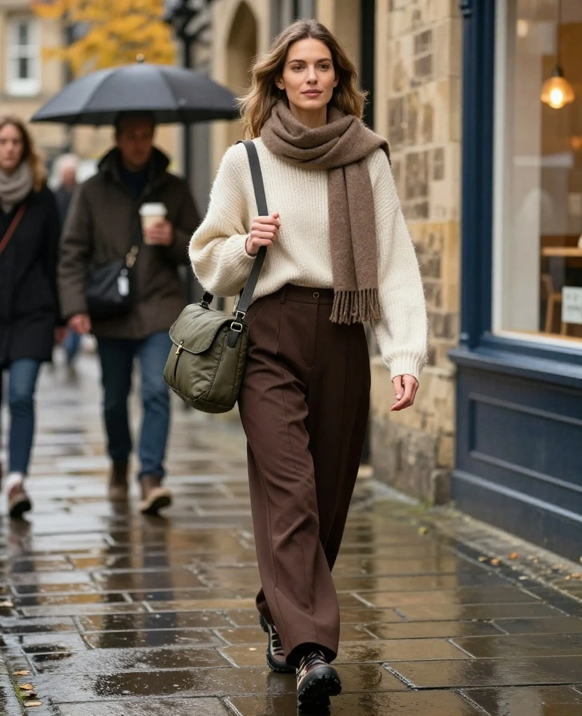 12 York City Break Outfits That Are Cute Enough for Photos and Comfy Enough for Exploring 31 What to Wear in York in November 12 York City Break Outfits That Are Cute Enough for Photos and Comfy Enough for Exploring - 7. Wide-Leg Trousers with a Short Puffer and Chunky Knit 1