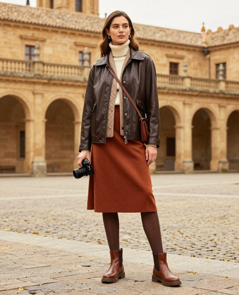 13 Chic November Outfits for Salamanca That Make Travel Photos Look Instantly Better! 73 What to Wear in Salamanca in November 13 Chic November Outfits for Salamanca That Make Travel Photos Look Instantly Better! - 11. A Leather Jacket with Warm Layers Underneath 1