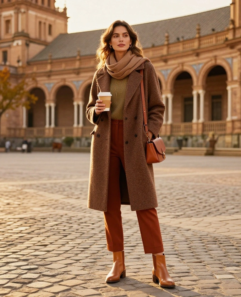 13 Chic November Outfits for Salamanca That Make Travel Photos Look Instantly Better! 87 What to Wear in Salamanca in November 13 Chic November Outfits for Salamanca That Make Travel Photos Look Instantly Better! - 13. A Golden-Hour Outfit in Chocolate, Rust, and Olive 1