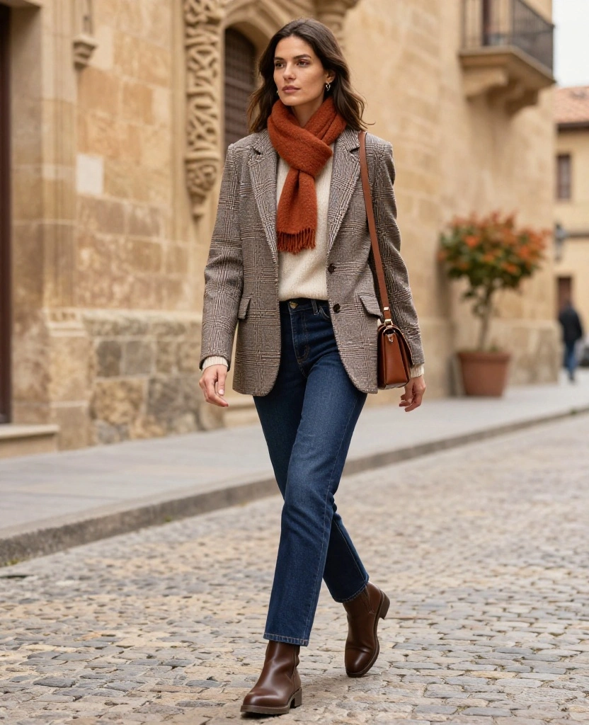 13 Chic November Outfits for Salamanca That Make Travel Photos Look Instantly Better! 15 What to Wear in Salamanca in November 13 Chic November Outfits for Salamanca That Make Travel Photos Look Instantly Better! - 3. The Checked Blazer Over a Warm Fine-Knit 1