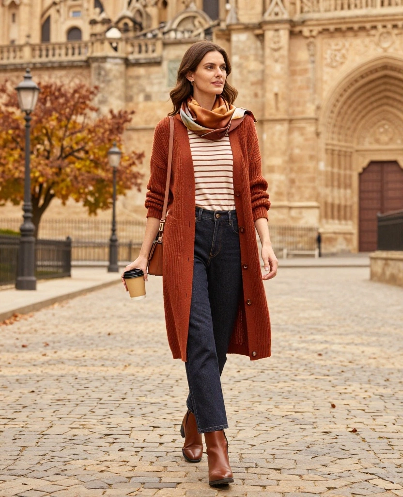 13 Chic November Outfits for Salamanca That Make Travel Photos Look Instantly Better! 36 What to Wear in Salamanca in November 13 Chic November Outfits for Salamanca That Make Travel Photos Look Instantly Better! - 6. Rust Cardigan, Dark Denim, and a Silk-Feel Scarf 1