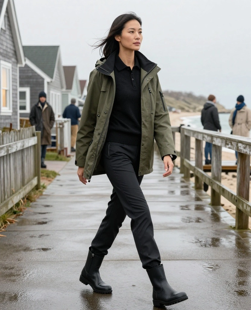13 Chic Rainy-Day Outfits for Martha's Vineyard in November (Stay Dry Without Looking Boring!) 68 What to Wear in Marthas Vineyard in November 13 Chic Rainy-Day Outfits for Martha's Vineyard in November (Stay Dry Without Looking Boring!) - 10. Polished Harbor Workwear in Olive and Black 1