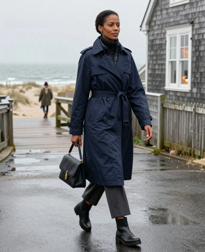 13 Chic Rainy-Day Outfits for Martha's Vineyard in November (Stay Dry Without Looking Boring!) 8 What to Wear in Marthas Vineyard in November 13 Chic Rainy-Day Outfits for Martha's Vineyard in November (Stay Dry Without Looking Boring!) - 2. A Belted Navy Trench with Wide-Leg Trousers 1