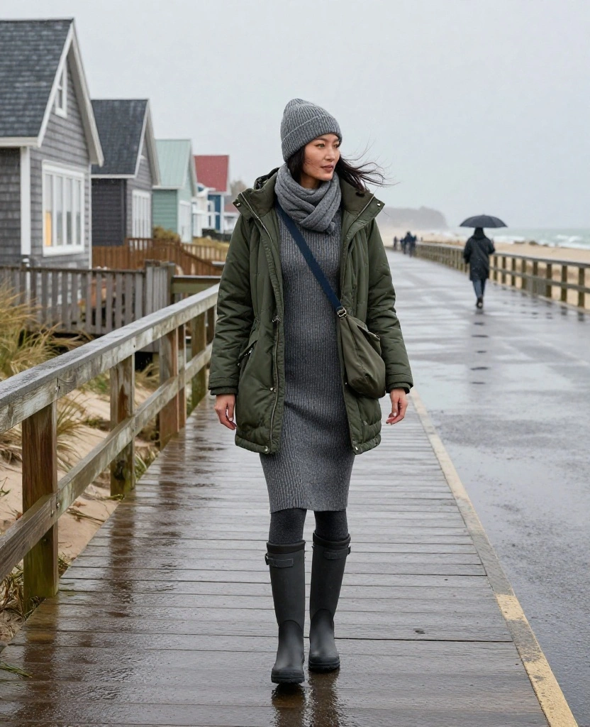 13 Chic Rainy-Day Outfits for Martha's Vineyard in November (Stay Dry Without Looking Boring!) 26 What to Wear in Marthas Vineyard in November 13 Chic Rainy-Day Outfits for Martha's Vineyard in November (Stay Dry Without Looking Boring!) - 4. The Insulated Parka Over a Knit Dress 1