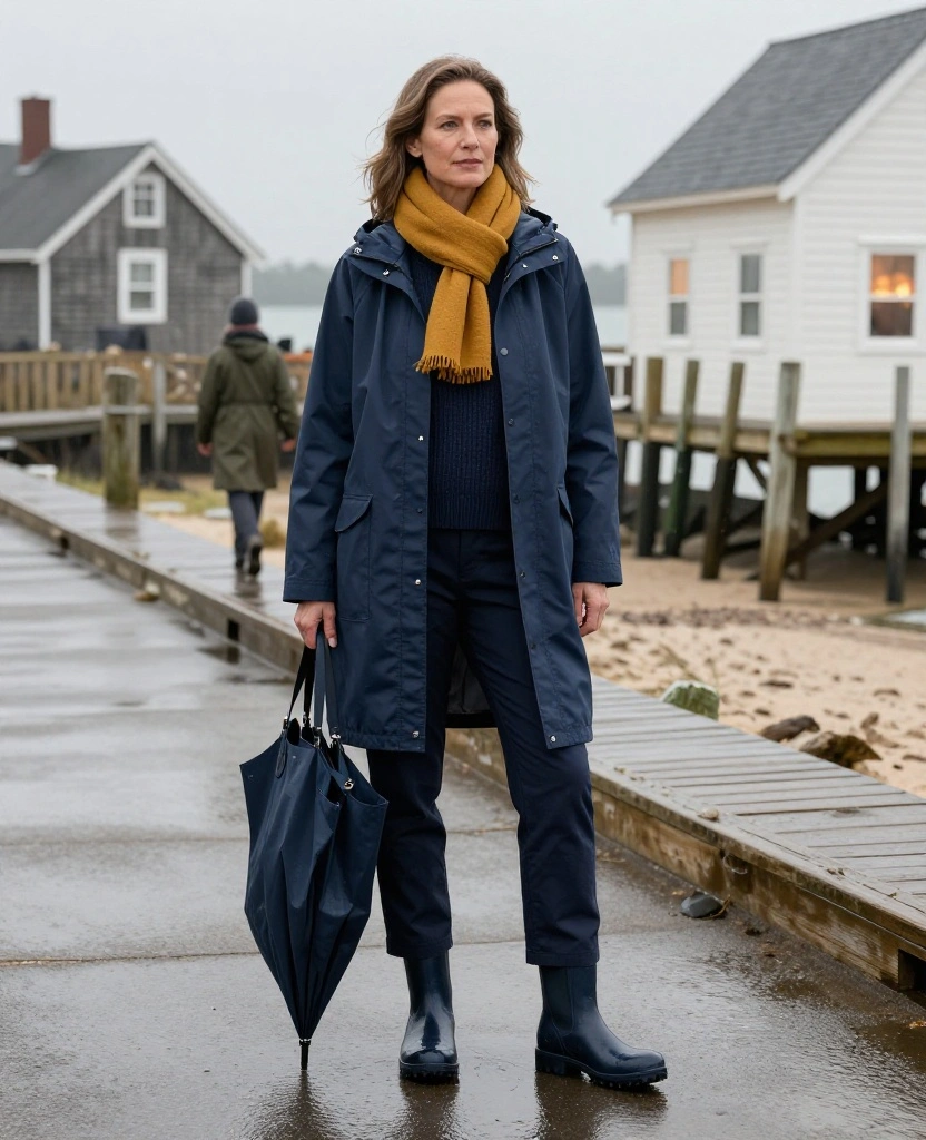 13 Chic Rainy-Day Outfits for Martha's Vineyard in November (Stay Dry Without Looking Boring!) 44 What to Wear in Marthas Vineyard in November 13 Chic Rainy-Day Outfits for Martha's Vineyard in November (Stay Dry Without Looking Boring!) - 6. A Monochrome Navy Look with a Bright Scarf 1
