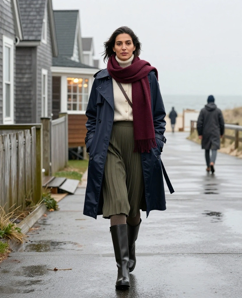 13 Chic Rainy-Day Outfits for Martha's Vineyard in November (Stay Dry Without Looking Boring!) 53 What to Wear in Marthas Vineyard in November 13 Chic Rainy-Day Outfits for Martha's Vineyard in November (Stay Dry Without Looking Boring!) - 7. A Pleated Skirt with Fleece Tights and a Rain Trench 1