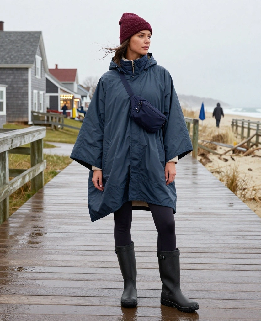 13 Chic Rainy-Day Outfits for Martha's Vineyard in November (Stay Dry Without Looking Boring!) 61 What to Wear in Marthas Vineyard in November 13 Chic Rainy-Day Outfits for Martha's Vineyard in November (Stay Dry Without Looking Boring!) - 9. A Packable Poncho with Leggings and Tall Boots 1