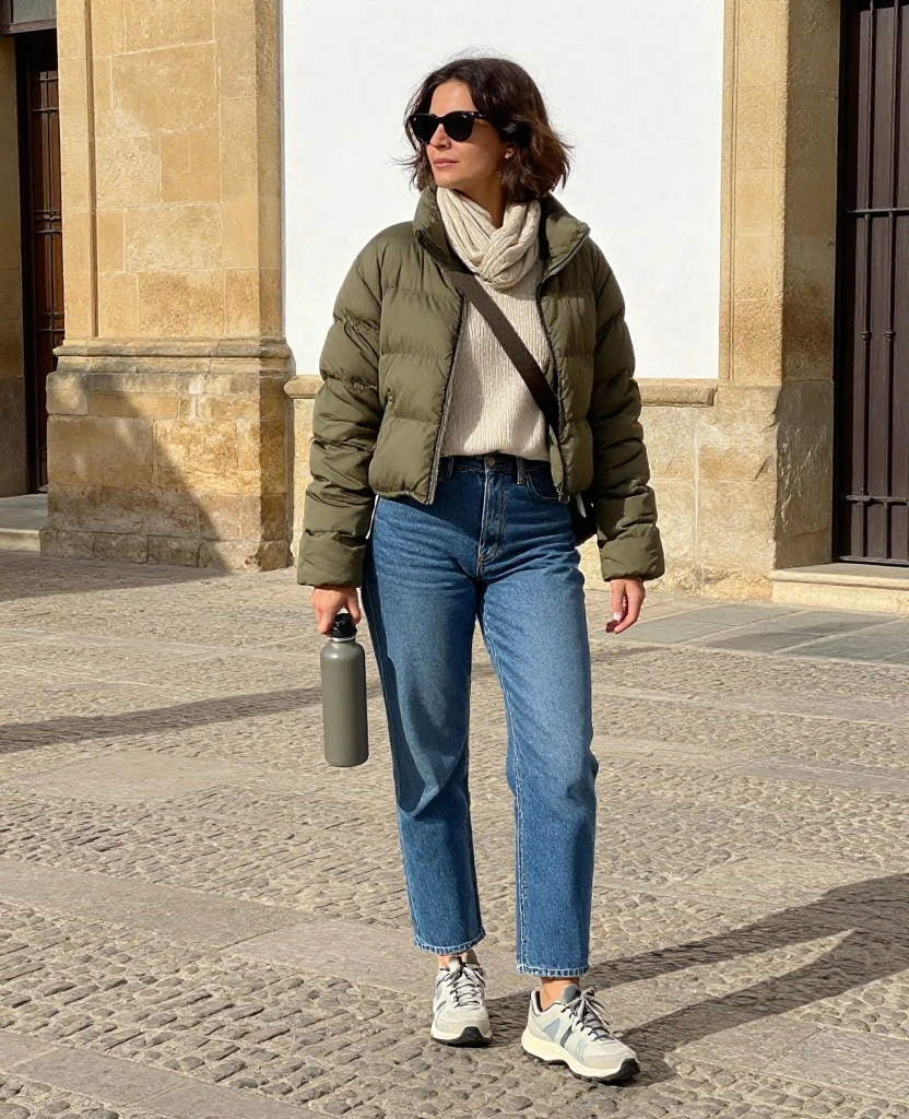 13 Comfortable Córdoba Sightseeing Outfits That Make Walking All Day Look Effortless 75 What to Wear in Córdoba in November 13 Comfortable Córdoba Sightseeing Outfits That Make Walking All Day Look Effortless - 11. Straight-Leg Jeans with a Cropped Puffer Jacket 1