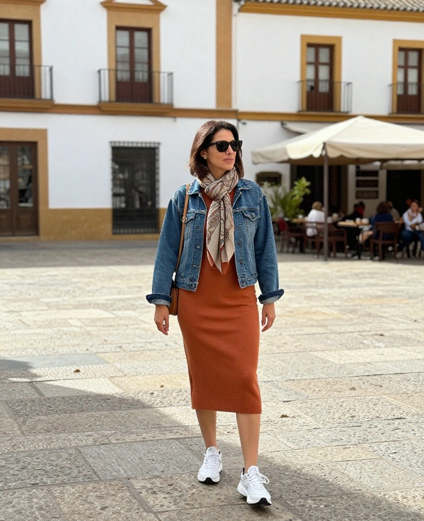 13 Comfortable Córdoba Sightseeing Outfits That Make Walking All Day Look Effortless 82 What to Wear in Córdoba in November 13 Comfortable Córdoba Sightseeing Outfits That Make Walking All Day Look Effortless - 12. Cozy Knit Dress with a Denim Jacket and Walking Sneakers 1