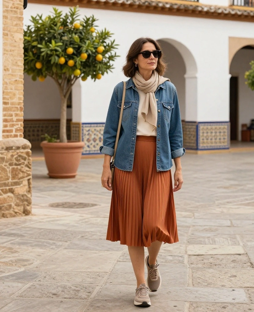 13 Comfortable Córdoba Sightseeing Outfits That Make Walking All Day Look Effortless 8 What to Wear in Córdoba in November 13 Comfortable Córdoba Sightseeing Outfits That Make Walking All Day Look Effortless - 2. Denim Overshirt, Midi Skirt, and Cushioned Trainers 1