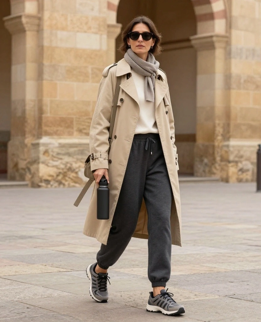 13 Comfortable Córdoba Sightseeing Outfits That Make Walking All Day Look Effortless 15 What to Wear in Córdoba in November 13 Comfortable Córdoba Sightseeing Outfits That Make Walking All Day Look Effortless - 3. Tailored Joggers with a Lightweight Trench 1