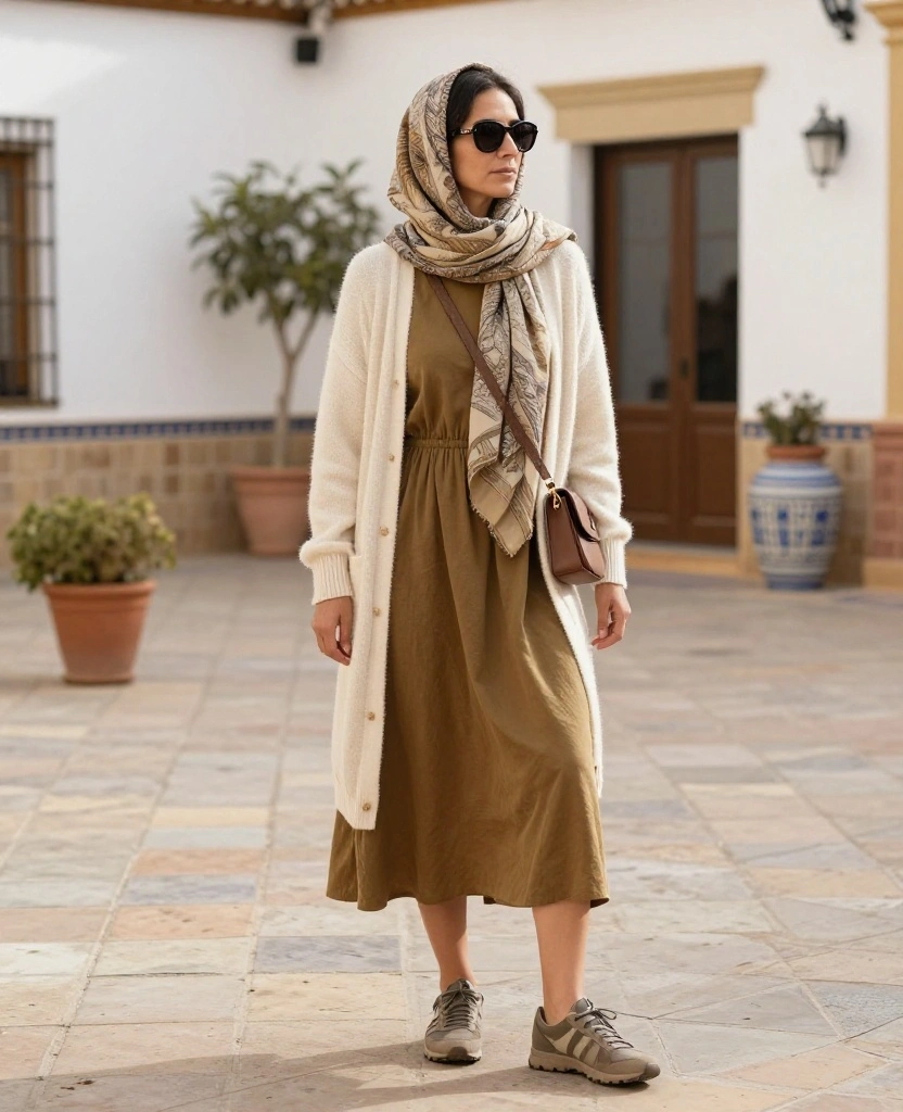 13 Comfortable Córdoba Sightseeing Outfits That Make Walking All Day Look Effortless 22 What to Wear in Córdoba in November 13 Comfortable Córdoba Sightseeing Outfits That Make Walking All Day Look Effortless - 4. A Relaxed Midi Dress with a Fine Cardigan 1