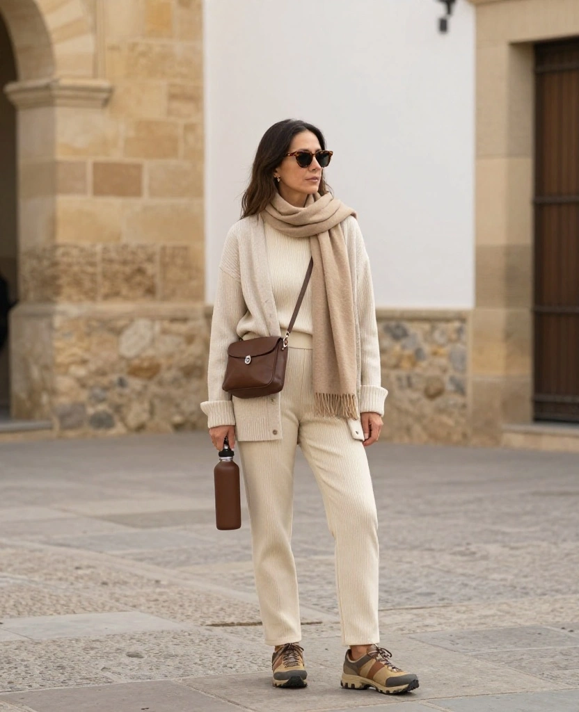 13 Comfortable Córdoba Sightseeing Outfits That Make Walking All Day Look Effortless 29 What to Wear in Córdoba in November 13 Comfortable Córdoba Sightseeing Outfits That Make Walking All Day Look Effortless - 5. A Warm Monochrome Outfit in Cream and Camel 1