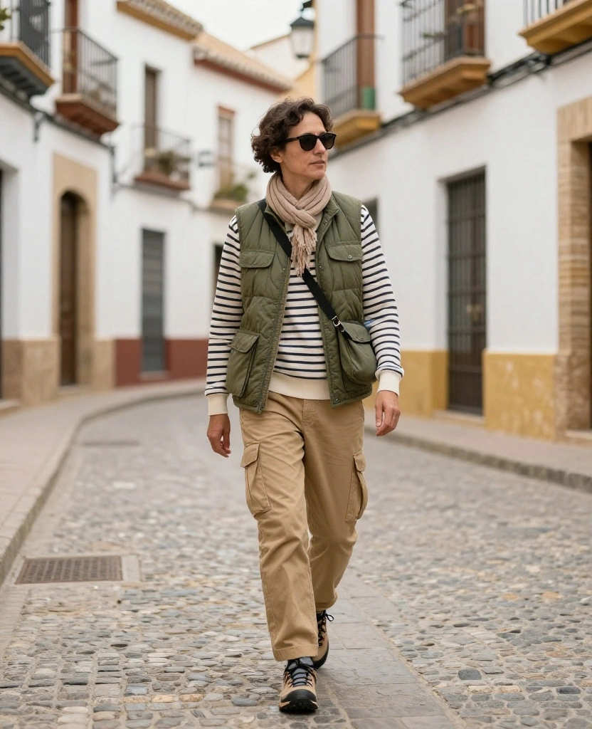13 Comfortable Córdoba Sightseeing Outfits That Make Walking All Day Look Effortless 36 What to Wear in Córdoba in November 13 Comfortable Córdoba Sightseeing Outfits That Make Walking All Day Look Effortless - 6. Utility Vest with a Long-Sleeve Top and Cargo Trousers 1