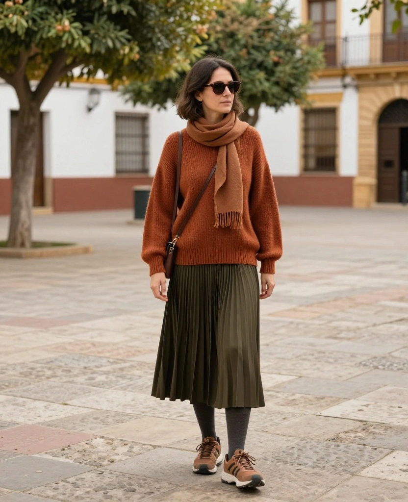 13 Comfortable Córdoba Sightseeing Outfits That Make Walking All Day Look Effortless 45 What to Wear in Córdoba in November 13 Comfortable Córdoba Sightseeing Outfits That Make Walking All Day Look Effortless - 7. Midi Skirt, Opaque Tights, and a Soft Sweater 1