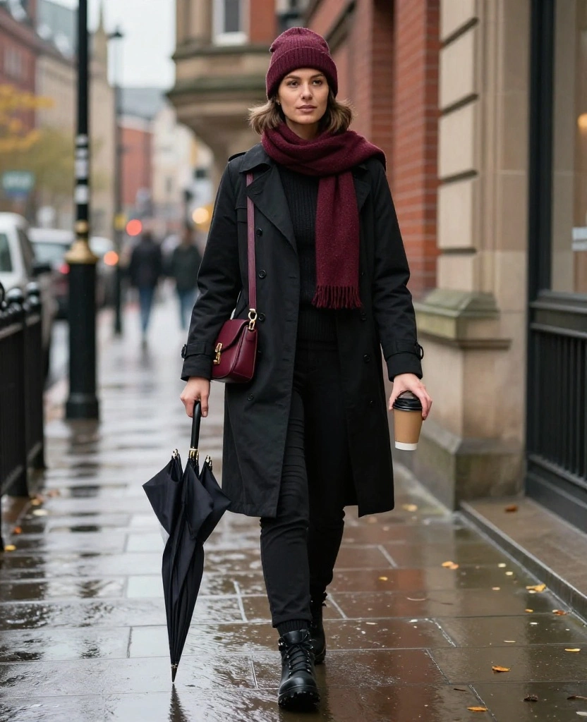 13 Comfortable Manchester Sightseeing Outfits for November (Cute Enough for Every Photo!) 42 What to Wear in Manchester in November 13 Comfortable Manchester Sightseeing Outfits for November (Cute Enough for Every Photo!) - 10. Monochrome Black Layers with a Burgundy Accent 1