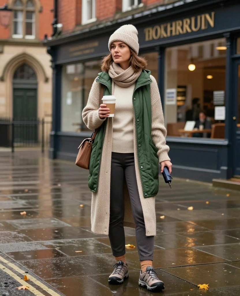 13 Comfortable Manchester Sightseeing Outfits for November (Cute Enough for Every Photo!) 55 What to Wear in Manchester in November 13 Comfortable Manchester Sightseeing Outfits for November (Cute Enough for Every Photo!) - 11. Long Cardigan, Quilted Vest, and Soft Tapered Trousers 1